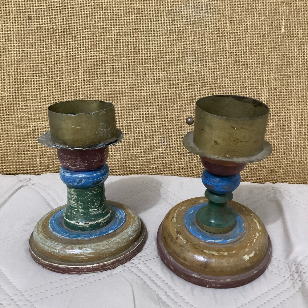 Vintage Handcrafted Wood and metal Candle Holder 2 Pieces. (B104)